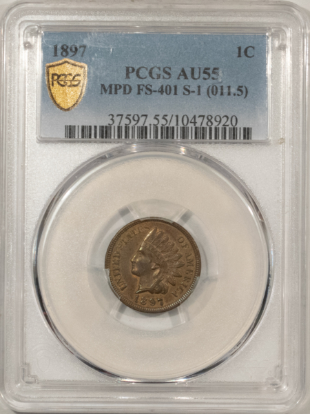 Indian 1897 INDIAN CENT, MPD FS-401 S-1 (011.5) – PCGS AU-55, 1 IN NECK! TOUGH!
