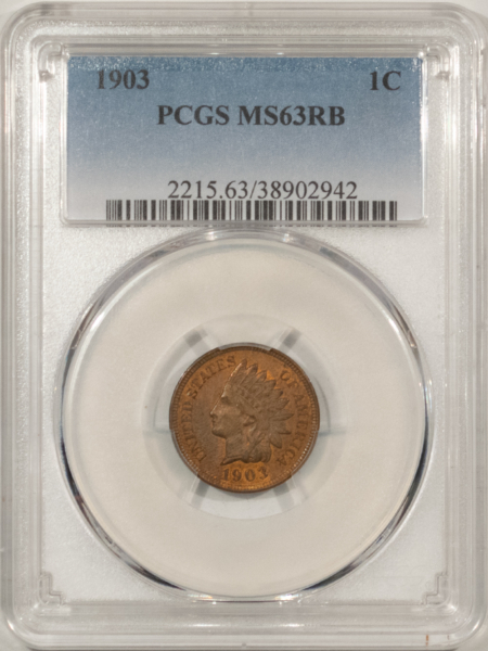 Indian 1903 INDIAN CENT – PCGS MS-63 RB, NICE ORIGINAL!