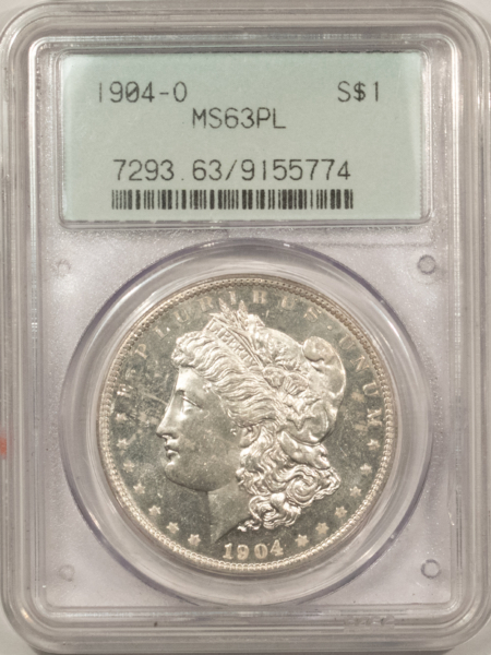 Dollars 1904-O $1 MORGAN DOLLAR – PCGS MS-63 PL, 2 PC RATTLER! PREMIUM QUALITY!