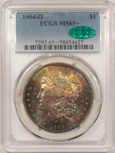 CAC Approved Coins 1904-O $1 MORGAN DOLLAR – PCGS MS-65+ CAC, BEAUTIFUL RAINBOW TONED!