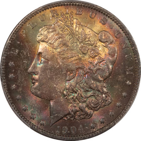 CAC Approved Coins 1904-O $1 MORGAN DOLLAR – PCGS MS-65+ CAC, BEAUTIFUL RAINBOW TONED!