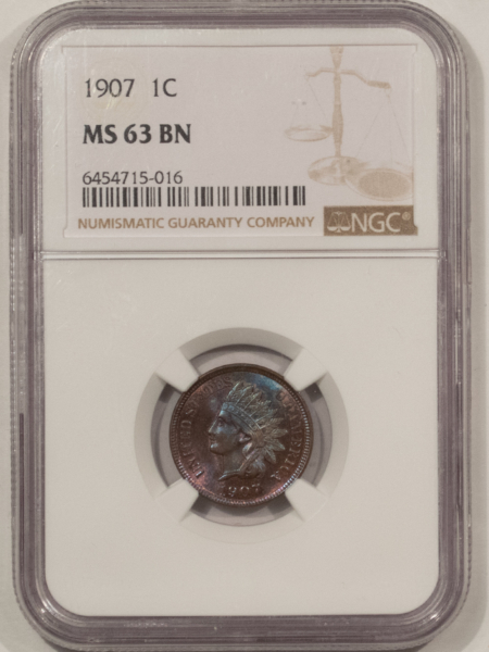 Indian 1907 INDIAN CENT – NGC MS-63 BN, VERY PRETTY & PQ+!