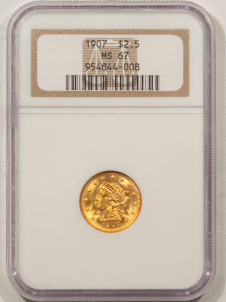 $2.50 1907 $2.50 LIBERTY GOLD QUARTER EAGLE – NGC MS-67, SUPERB GEM & PREMIUM QUALITY!