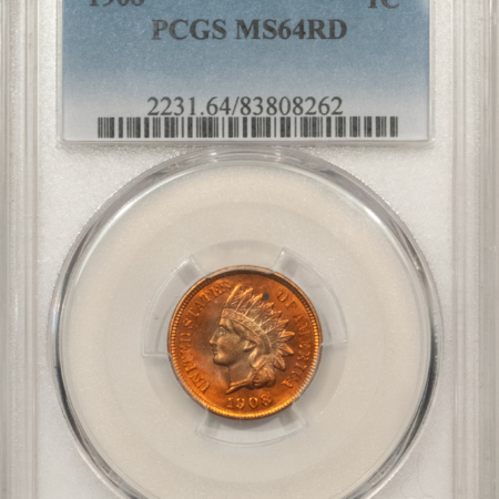 Indian 1908 INDIAN CENT PCGS MS-64 RD, BLAZING RED COLOR PREMIUM QUALITY!