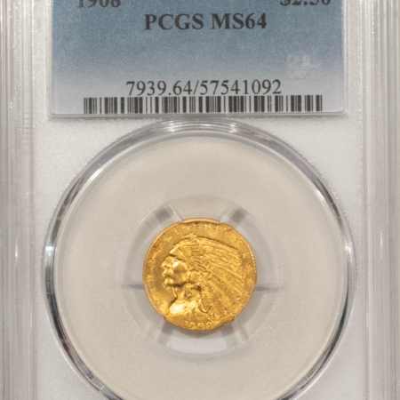 $2.50 1908 $2.50 INDIAN GOLD QUARTER EAGLE – PCGS MS-64, LUSTROUS & PQ, FIRST YEAR!