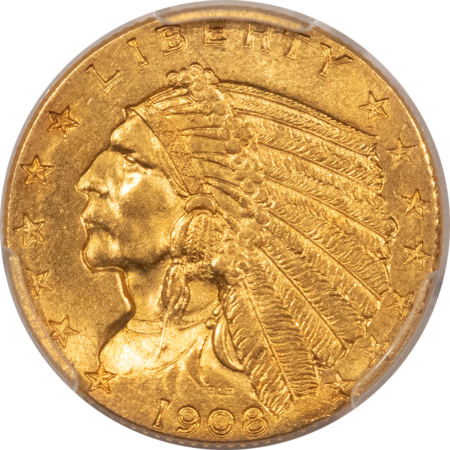 $2.50 1908 $2.50 INDIAN GOLD QUARTER EAGLE – PCGS MS-64, LUSTROUS & PQ, FIRST YEAR!