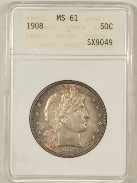 Barber Halves 1908 BARBER HALF DOLLAR – OLD ANACS MS-61, LOOKS CHOICE+! PREMIUM QUALITY!