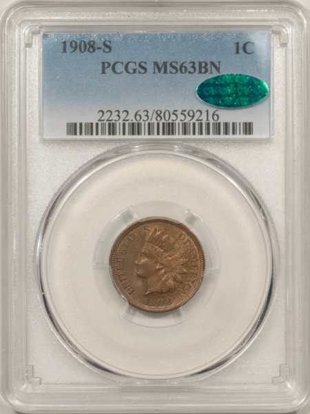 Indian 1908-S INDIAN CENT PCGS MS-63 BN CAC APPROVED, KEY DATE!
