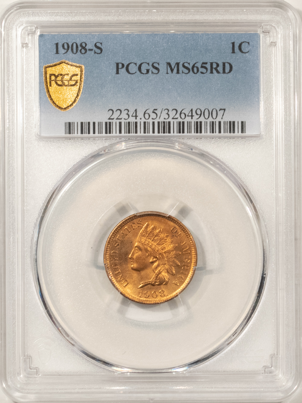 Indian 1908-S INDIAN CENT – PCGS MS-65 RD, BLAZING RED GEM! KEY-DATE! Indian 1908-S INDIAN CENT – PCGS MS-65 RD, BLAZING RED GEM! KEY-DATE!