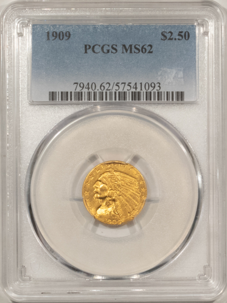 $2.50 1909 $2.50 INDIAN GOLD QUARTER EAGLE – PCGS MS-62, TOUGHER DATE!