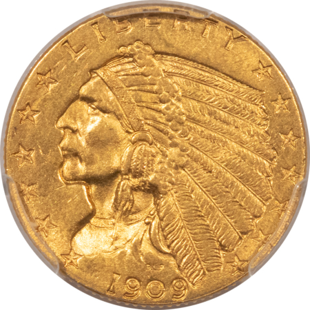 $2.50 1909 $2.50 INDIAN GOLD QUARTER EAGLE – PCGS MS-62, TOUGHER DATE!