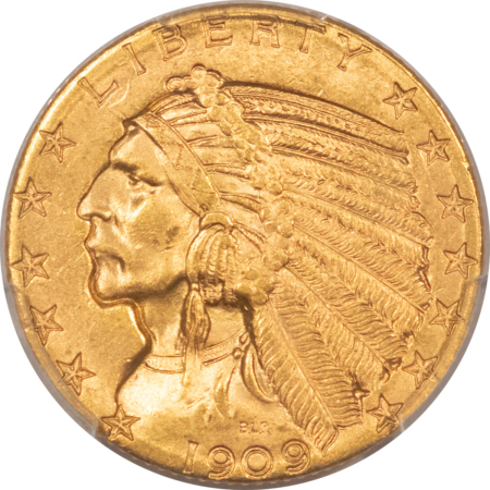 $5 1909-D $5 INDIAN GOLD HALF EAGLE – PCGS MS-64, FRESH & FLASHY!
