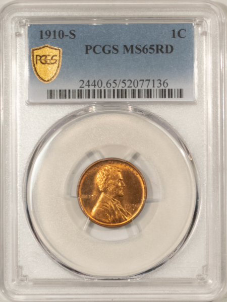 Lincoln Cents (Wheat) 1910-S LINCOLN CENT – PCGS MS-65 RD, LOOKS 66 RED, PREMIUM QUALITY!