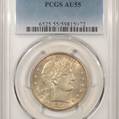 Barber Halves 1912-D BARBER HALF DOLLAR – PCGS AU-55, VERY NICE! PREMIUM QUALITY!