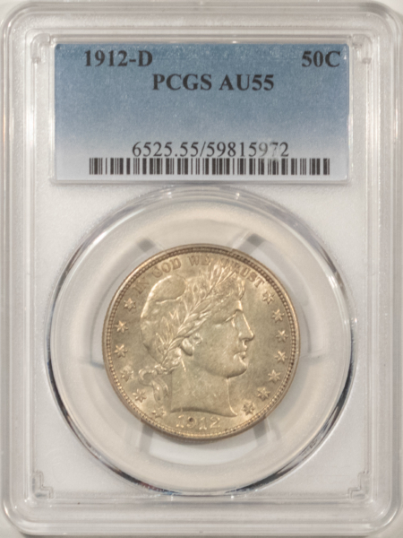Barber Halves 1912-D BARBER HALF DOLLAR – PCGS AU-55, VERY NICE! PREMIUM QUALITY!