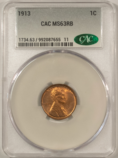 CAC Approved Coins 1913 LINCOLN CENT – CACG MS-63 RB, CAC APPROVED!