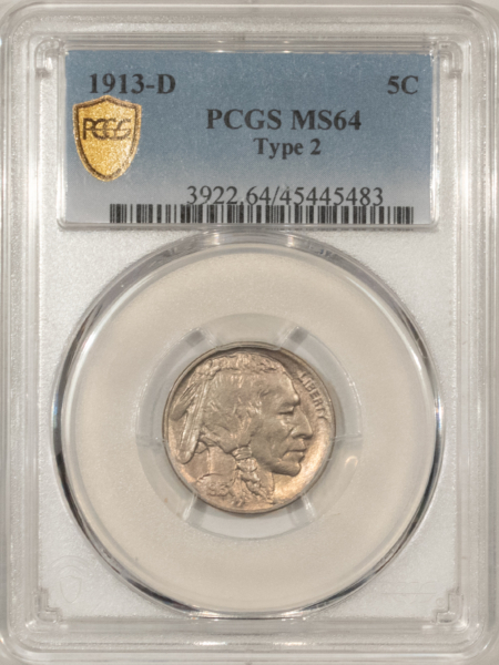 Buffalo Nickels 1913-D BUFFALO NICKEL TYPE 2 – PCGS MS-64, ORIGINAL & WELL-STRUCK