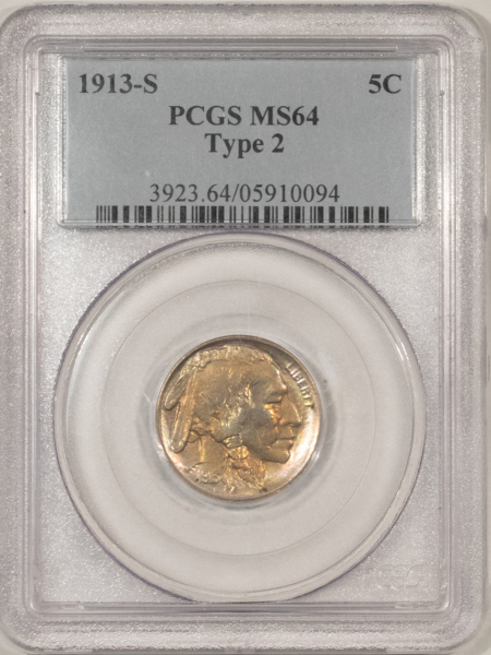Buffalo Nickels 1913-S BUFFALO NICKEL TYPE 2 – PCGS MS-64, KEY-DATE, PRETTY & GEMMY LOOKING!