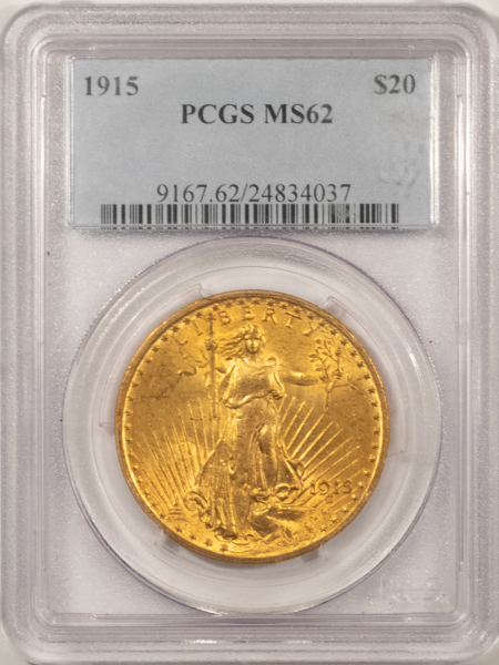 $20 1915 $20 ST GAUDENS GOLD DOUBLE EAGLE – PCGS MS-62, LOW MINTAGE & SCARCE!