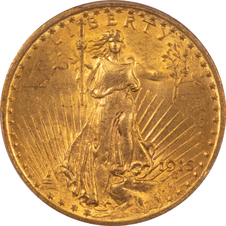 $20 1915 $20 ST GAUDENS GOLD DOUBLE EAGLE – PCGS MS-62, LOW MINTAGE & SCARCE!