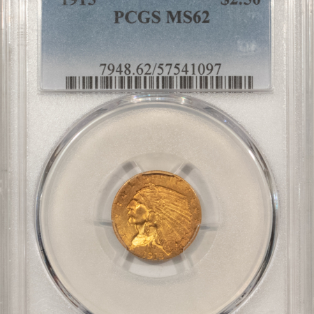 $2.50 1915 $2.50 INDIAN GOLD QUARTER EAGLE – PCGS MS-62, PRETTY ORIGINAL COLOR!