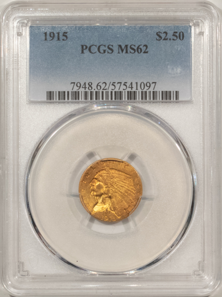 $2.50 1915 $2.50 INDIAN GOLD QUARTER EAGLE – PCGS MS-62, PRETTY ORIGINAL COLOR!