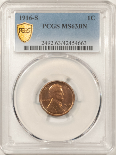 Lincoln Cents (Wheat) 1916-S LINCOLN CENT – PCGS MS-63 BN, SHOULD BE RB! PREMIUM QUALITY+!