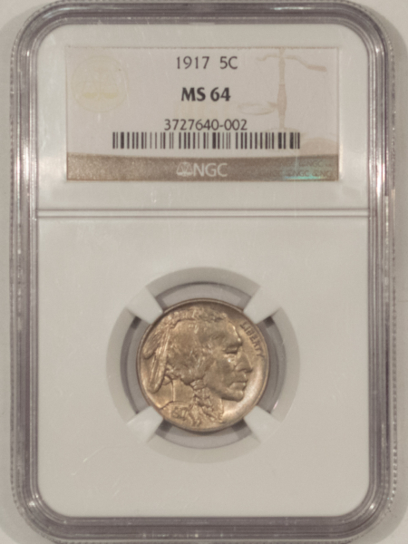 Buffalo Nickels 1917 BUFFALO NICKEL – NGC MS-64, NICE ORIGINAL, WELL-STRUCK