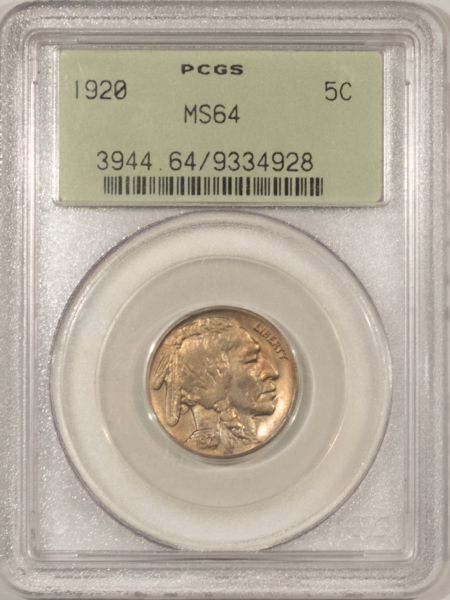 Buffalo Nickels 1920 BUFFALO NICKEL – PCGS MS-64, OLD GREEN HOLDER & PREMIUM QUALITY!