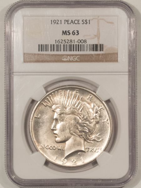Dollars 1921 $1 PEACE DOLLAR – NGC MS-63, WHITE, KEY-DATE! CHOICE!