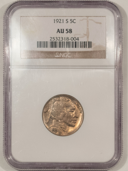 Buffalo Nickels 1921-S BUFFALO NICKEL – NGC AU-58, RARE DATE, LUSTROUS & WELL-STRUCK! WOW!