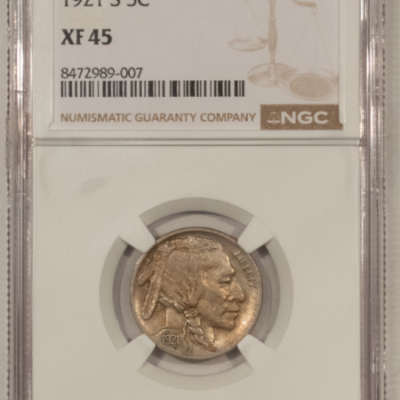 Buffalo Nickels 1921-S BUFFALO NICKEL – NGC XF-45, WHOLESOME, PQ! TRACES OF LUSTER!