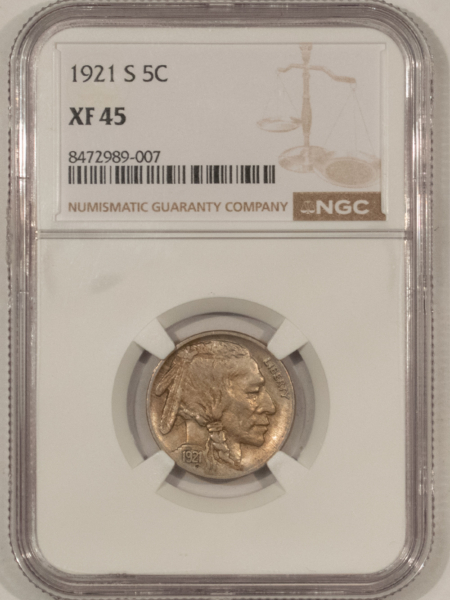 Buffalo Nickels 1921-S BUFFALO NICKEL – NGC XF-45, WHOLESOME, PQ! TRACES OF LUSTER!