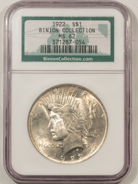 Dollars 1922 $1 PEACE DOLLAR – NGC MS-62, BINION COLLECTION!