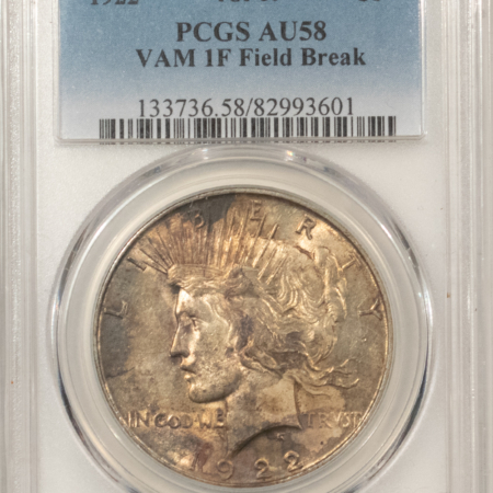 Dollars 1922 $1 PEACE DOLLAR, VAM-1F FIELD BREAK – PCGS AU-58! NEAT VARIETY! TOP 50!