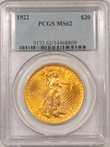 $20 1922 $20 ST GAUDENS GOLD DOUBLE EAGLE – PCGS MS-62, FLASHY & PRETTY!