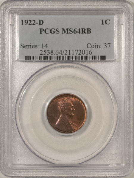 Lincoln Cents (Wheat) 1922-D LINCOLN CENT – PCGS MS-64 RB, ATTRACTIVE POPULAR DATE