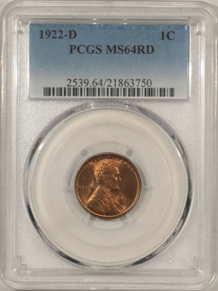 Lincoln Cents (Wheat) 1922-D LINCOLN CENT – PCGS MS-64 RD TOUGH, POPULAR DATE, RED!