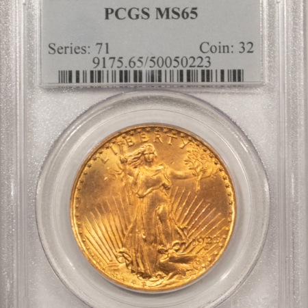 $20 1923 $20 ST GAUDENS GOLD DOUBLE EAGLE – PCGS MS-65, GORGEOUS LUSTER & COLOR!