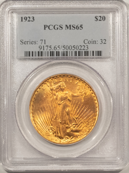 $20 1923 $20 ST GAUDENS GOLD DOUBLE EAGLE – PCGS MS-65, GORGEOUS LUSTER & COLOR!