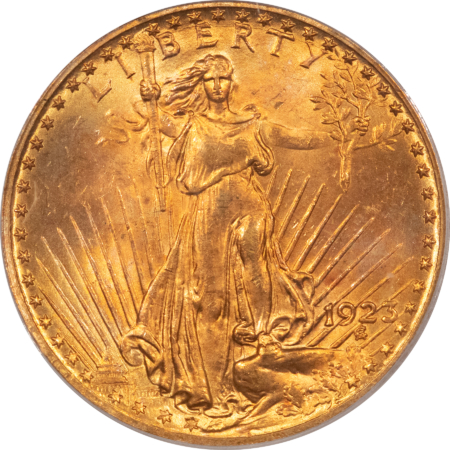 $20 1923 $20 ST GAUDENS GOLD DOUBLE EAGLE – PCGS MS-65, GORGEOUS LUSTER & COLOR!