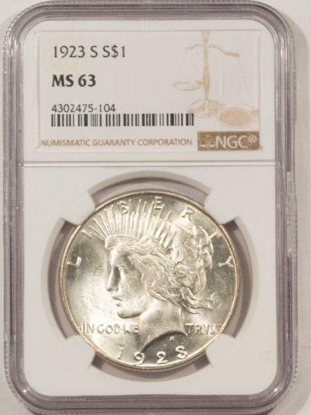 Dollars 1923-S $1 PEACE DOLLAR – NGC MS-63, FLASHY & LUSTROUS!