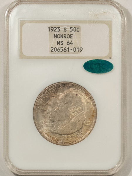 CAC Approved Coins 1923-S MONROE COMMEMORATIVE HALF DOLLAR – NGC MS-64, FATTY, PQ & CAC APPROVED!