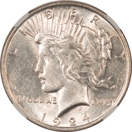 Dollars 1924 $1 PEACE DOLLAR – NGC MINT ERROR AU-55, REVERSE STRUCK THRU, NEAT ERROR!