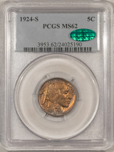 Buffalo Nickels 1924-S BUFFALO NICKEL – PCGS MS-62, LOOKS 64! PREMIUM QUALITY++, CAC APPROVED!