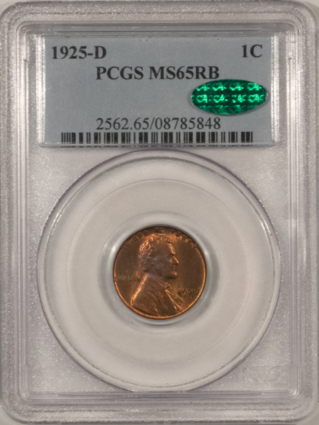 CAC Approved Coins 1925-D LINCOLN CENT – PCGS MS-65 RB, PREMIUM QUALITY GEM! TOUGH! CAC APPROVED!