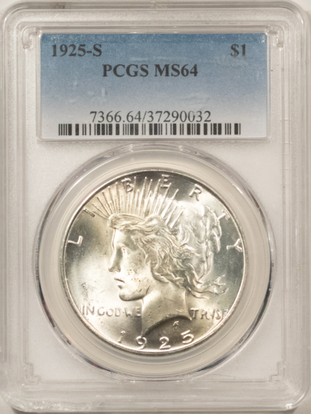 Dollars 1925-S $1 PEACE DOLLAR – PCGS MS-64 A WHITE SCREAMER, PREMIUM QUALITY HEADLIGHT!