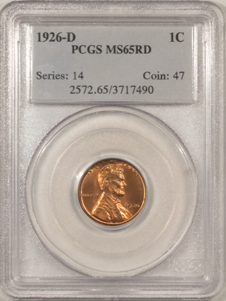 Lincoln Cents (Wheat) 1926-D LINCOLN CENT – PCGS MS-65 RD, ORIGINAL RED GEM! TOUGH!