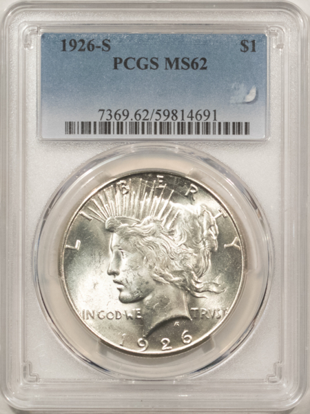 Dollars 1926-S $1 PEACE DOLLAR – PCGS MS-62, FLASHY WHITE!