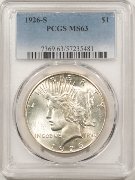 Dollars 1926-S $1 PEACE DOLLAR – PCGS MS-63, FLASHY WHITE!